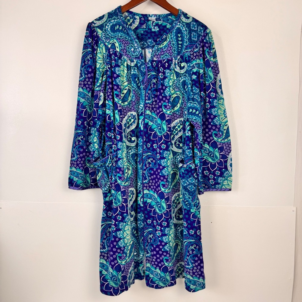 Lissome House Dress Lounge Gown 2X Purple LS Paisley Zip Front 7" Pockets Cozy